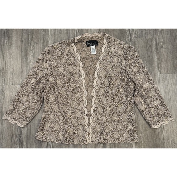 Alex Evenings Jackets & Blazers - Alex Evenings Women 14 Sequin Lace Jacket Taupe Champagne 3/4 Sleeve Formal